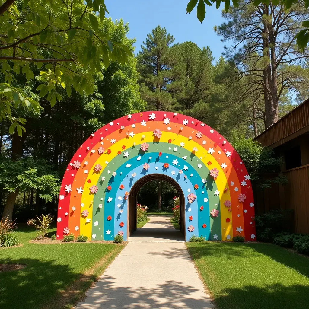 a photo of a rainbow mural brightening up a garden space