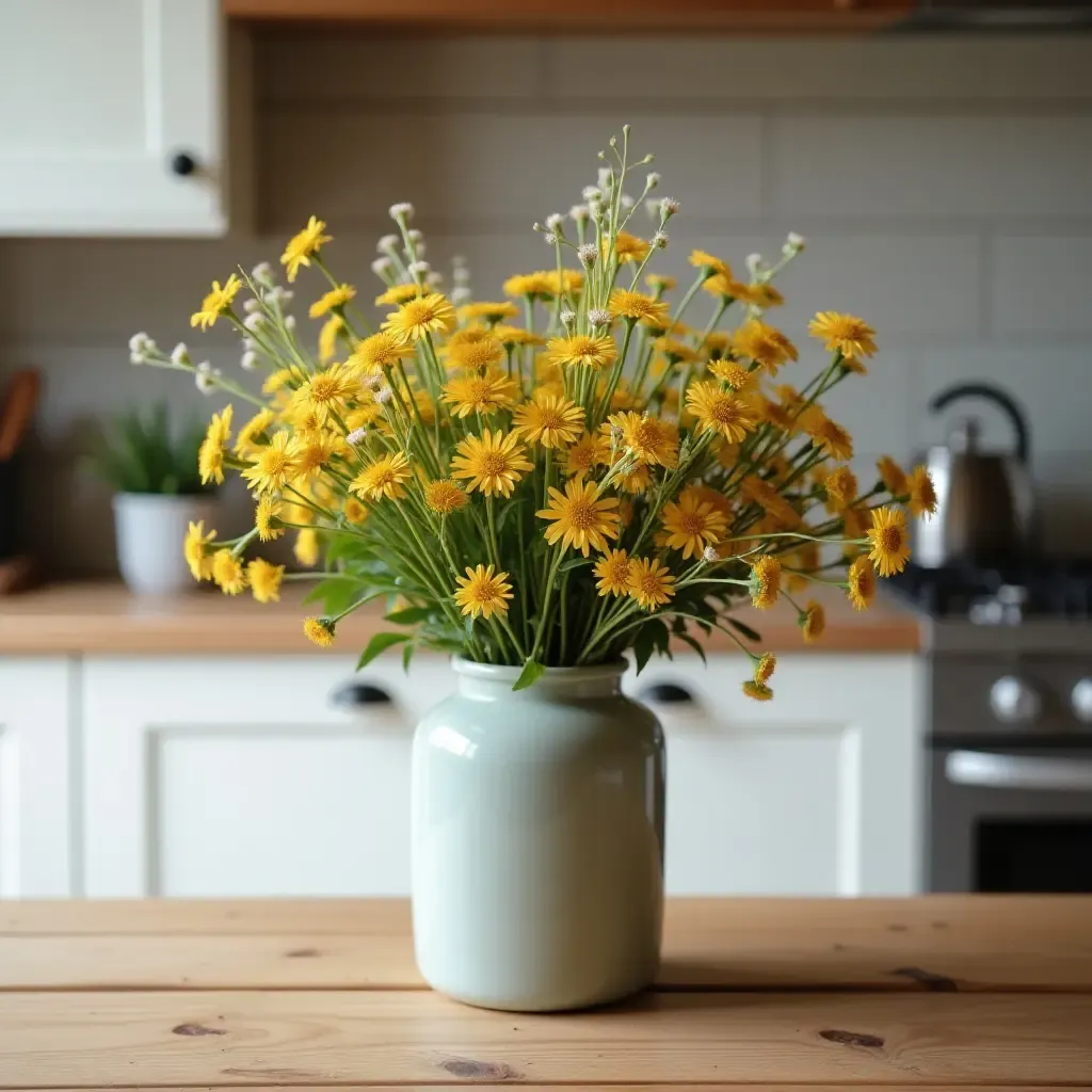 a photo of a farmhouse kitchen with wildflowers in a vase