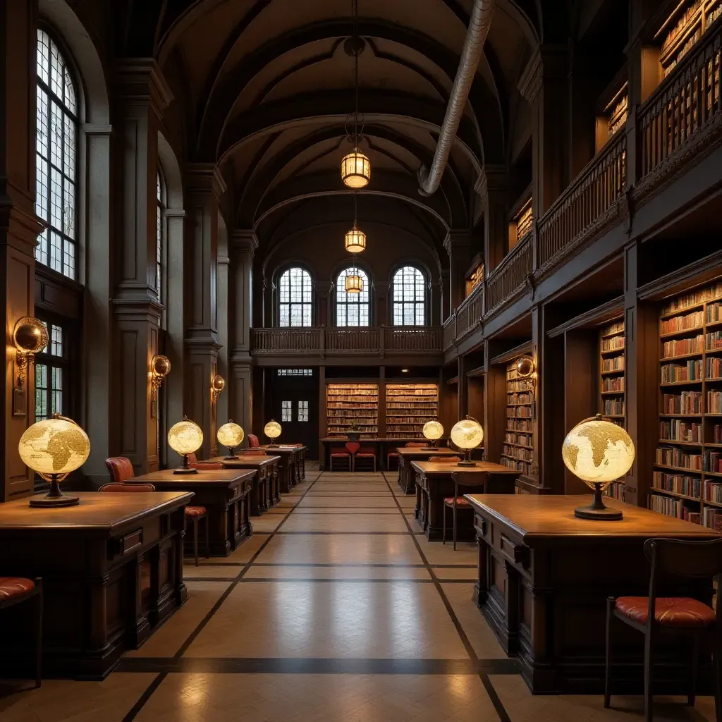 a photo of a library with large metal pipes and vintage globes