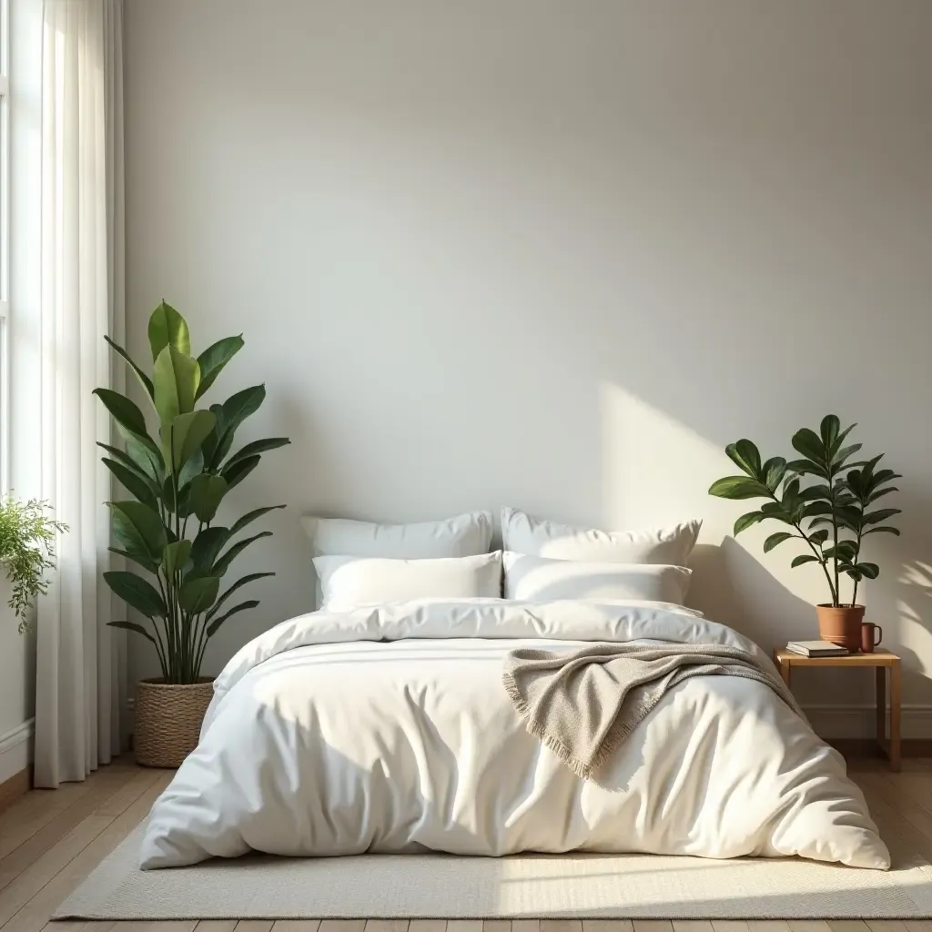 a photo of a serene bedroom with indoor plants and a nature-inspired color palette