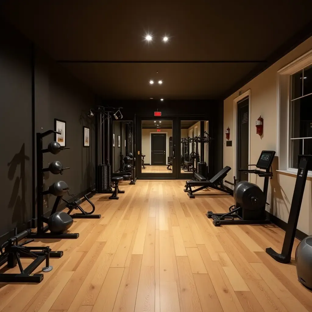 a photo of a basement gym with wooden flooring and equipment