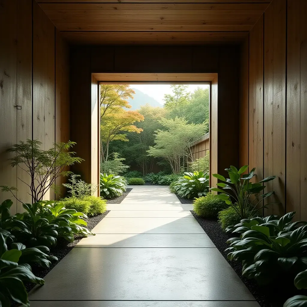 a photo of a serene corridor featuring a zen garden with plants