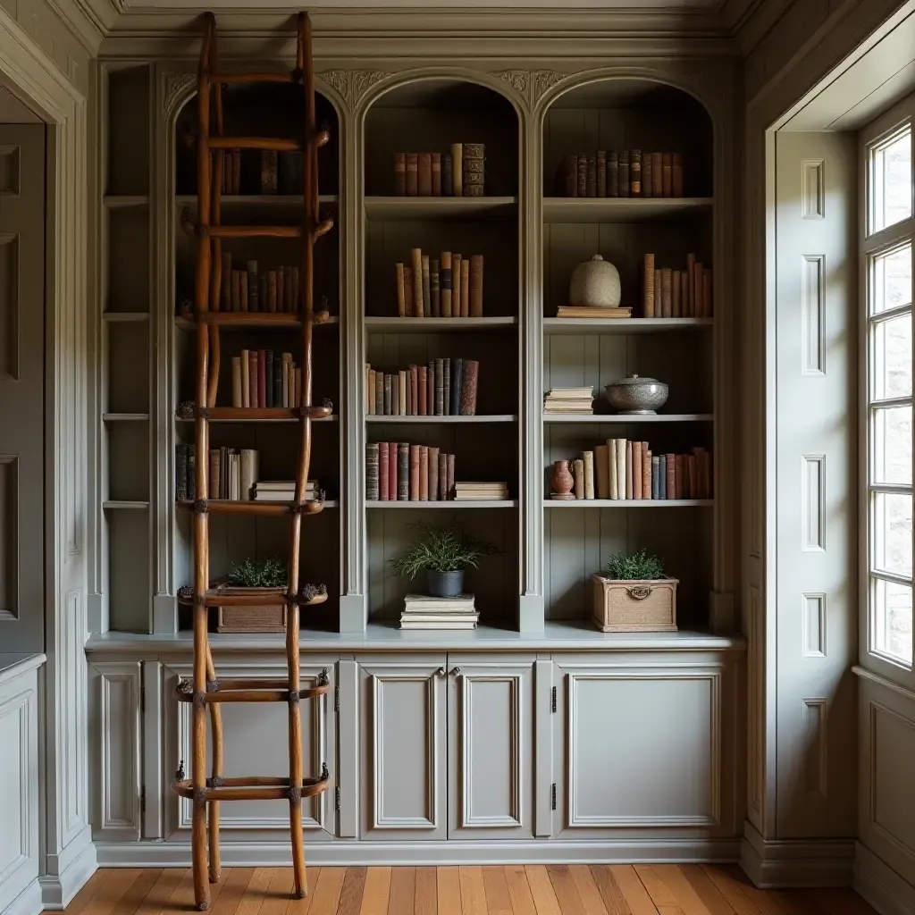 a photo of a built-in bookcase with a vintage ladder and antique books