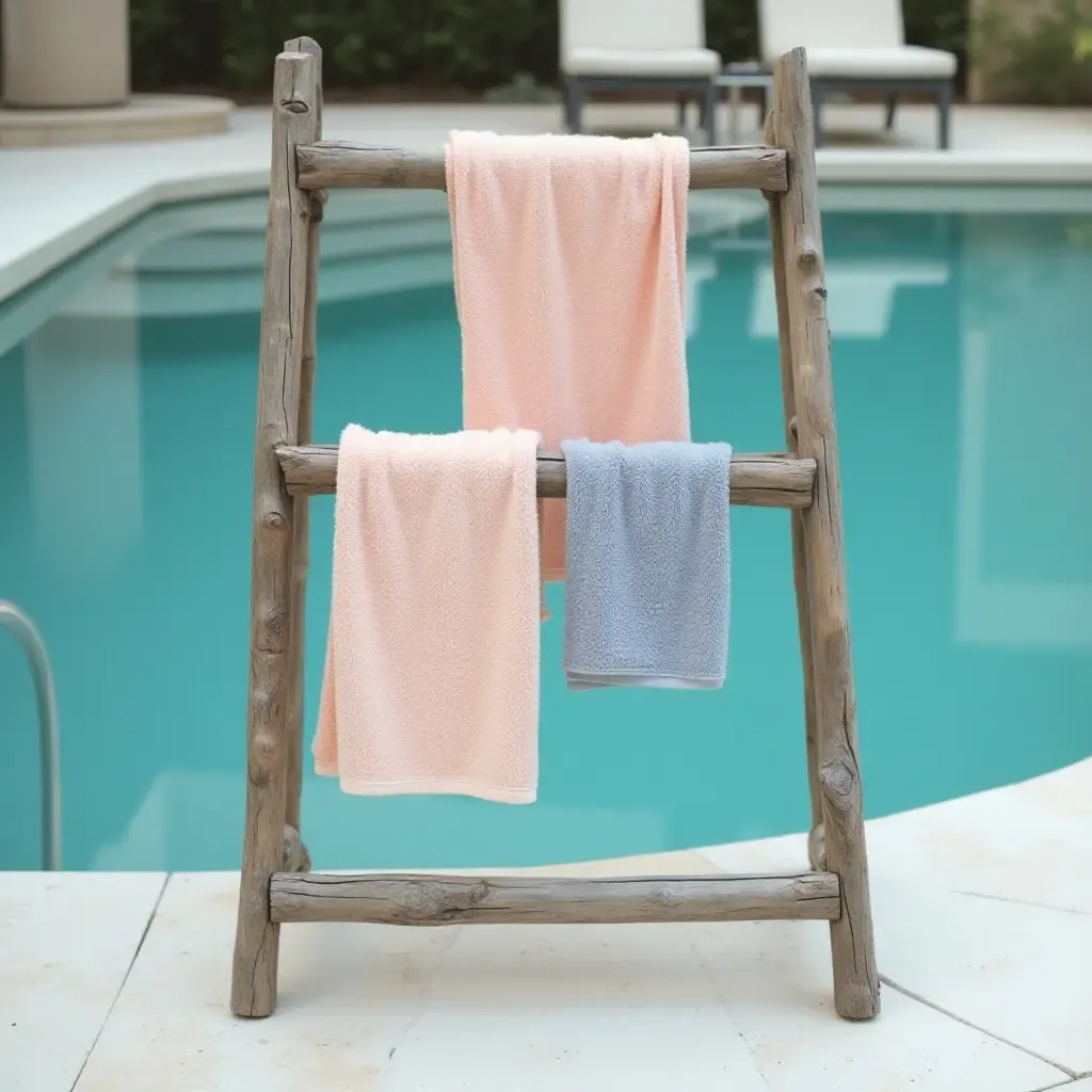 a photo of a creative ladder used for hanging pool towels