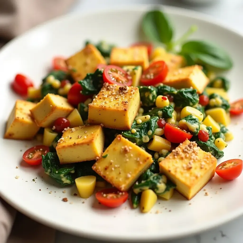 a photo of tofu scramble with spinach and tomatoes on a plate.