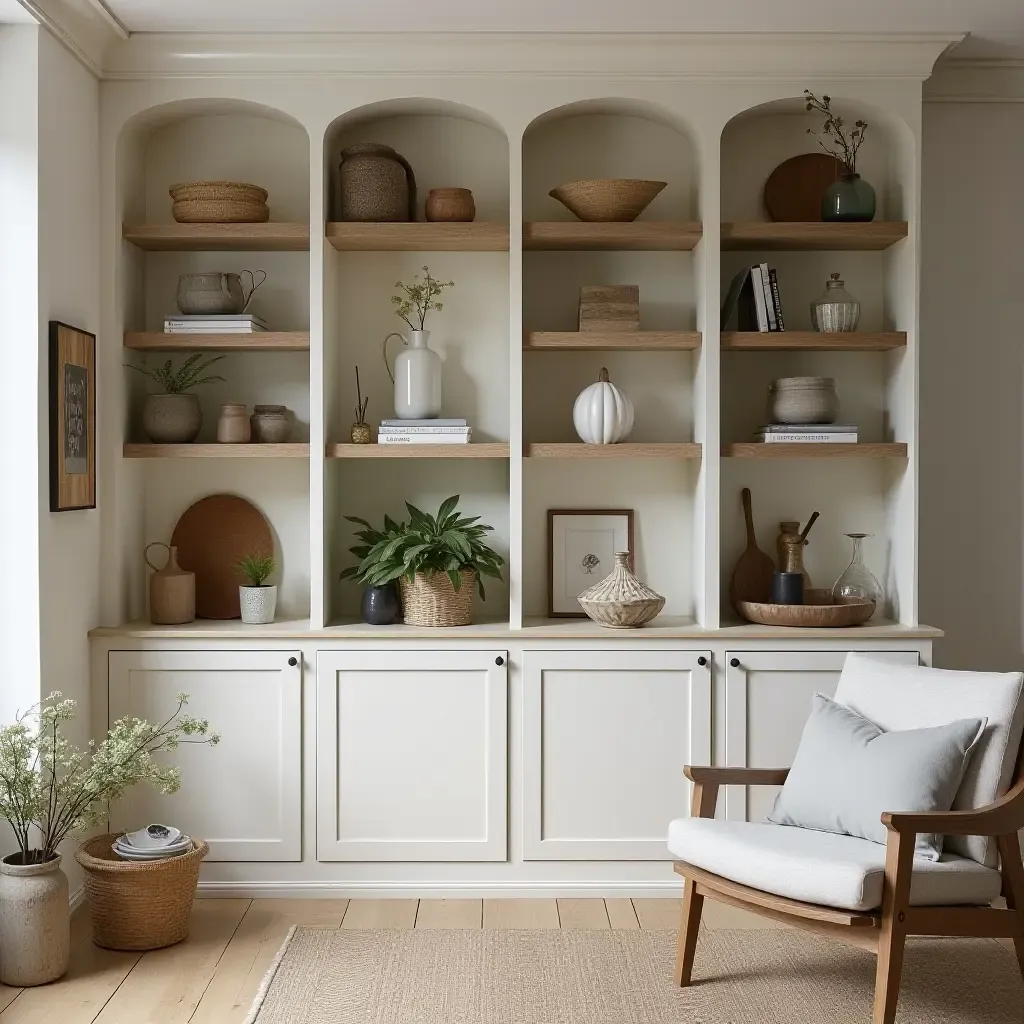 a photo of a living room with open shelving displaying farmhouse decor items