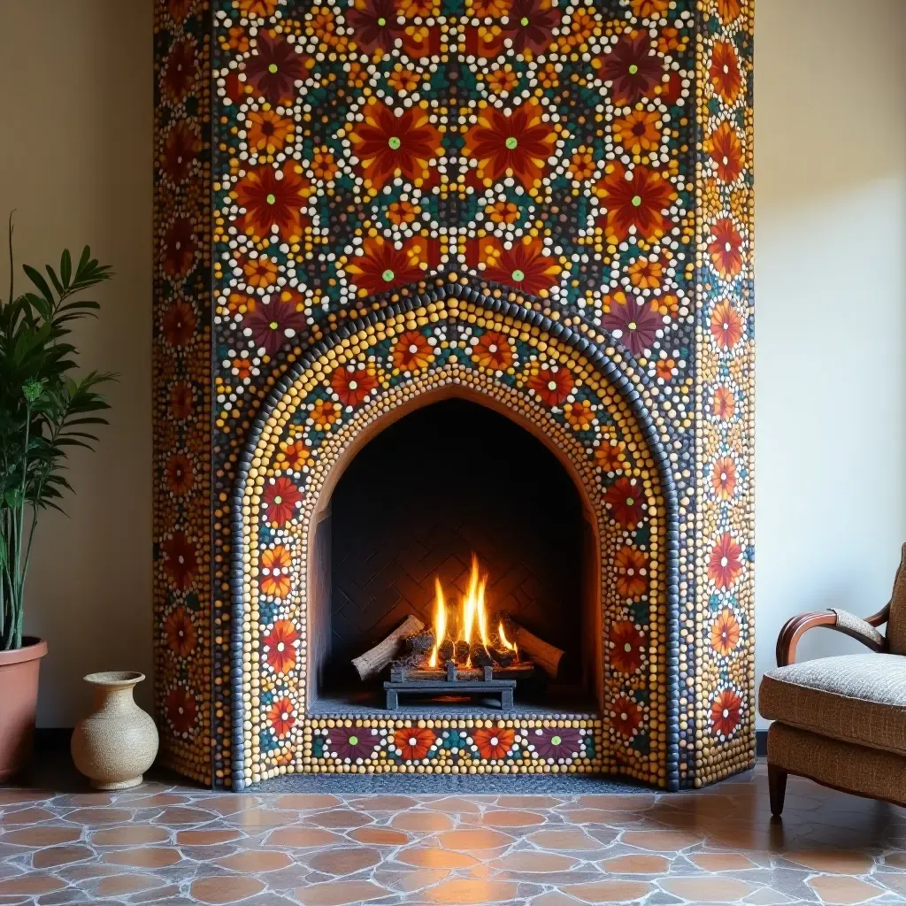 a photo of a vibrant mosaic fireplace surround as a focal point