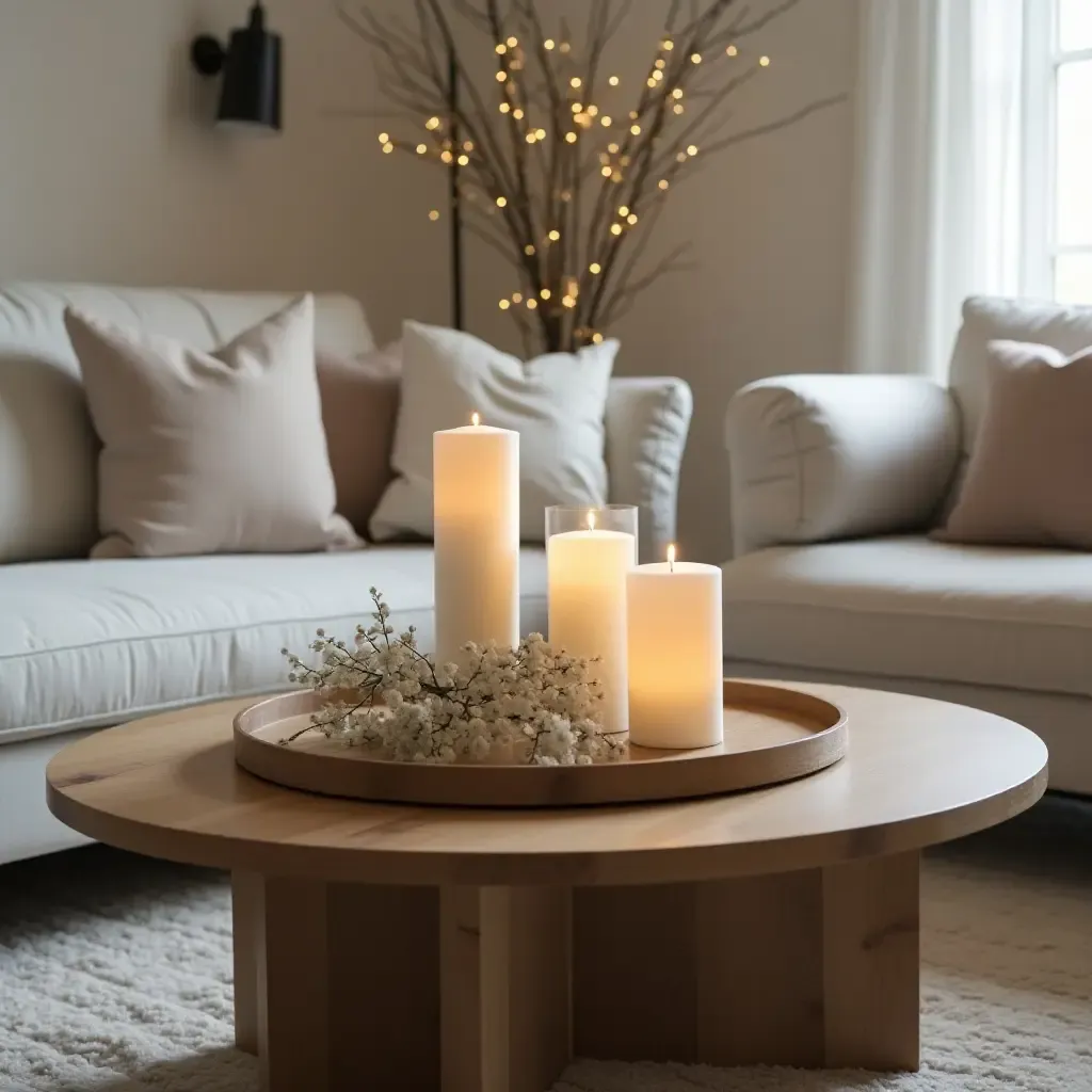 a photo of a coffee table with a layered look, combining trays and candles