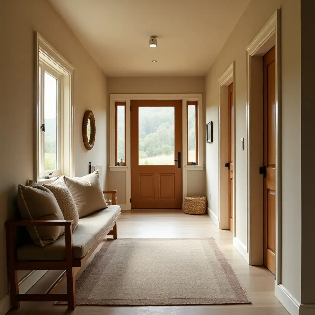 a photo of a warm hallway with a comfortable bench and decorative pillows