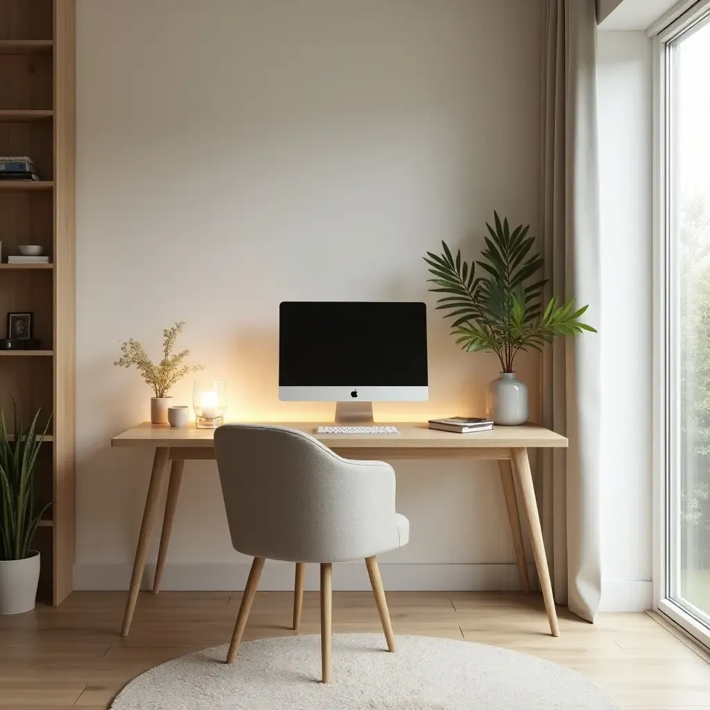 a photo of a zen-inspired desk with meditation space and calming decor