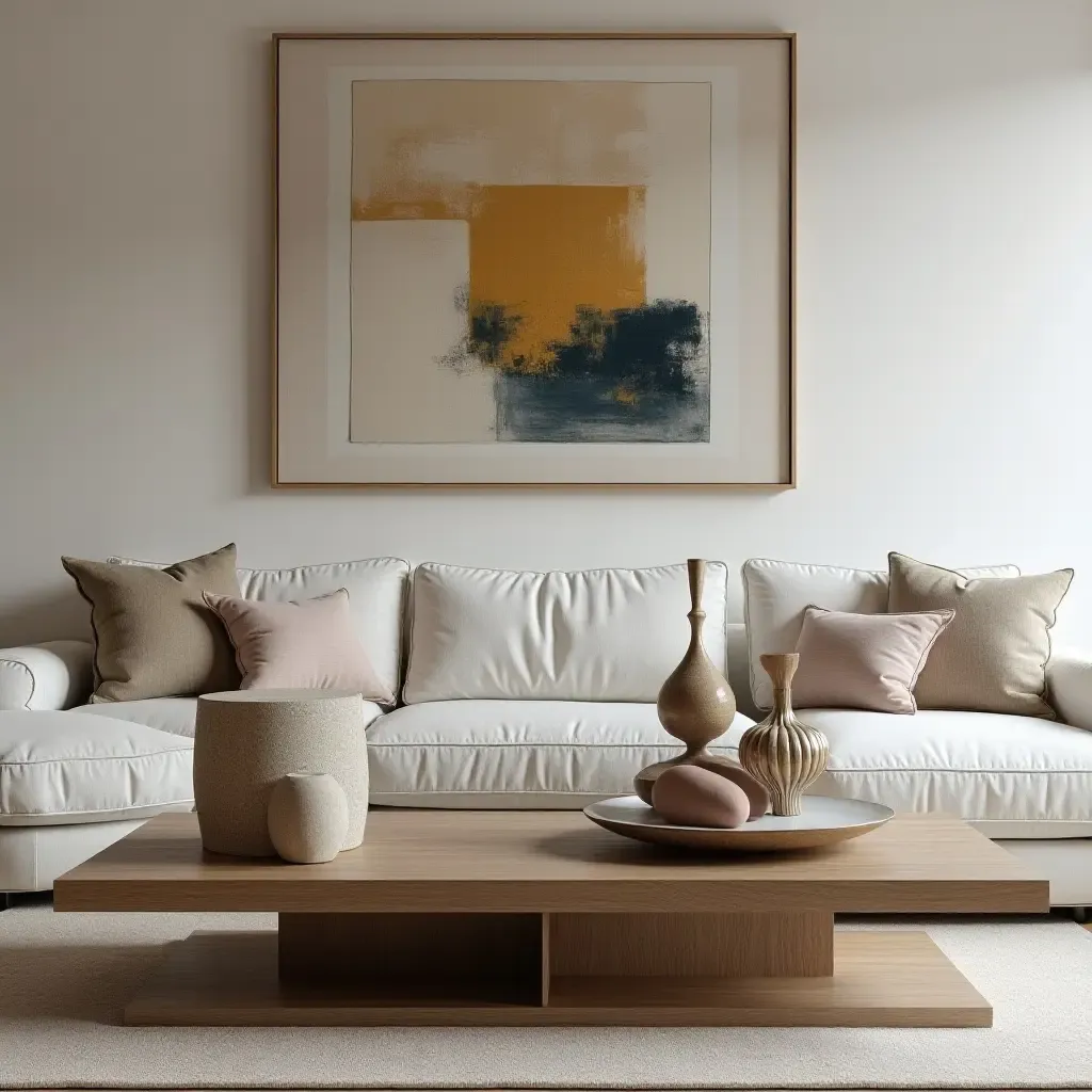 a photo of an artistic coffee table display featuring sculptures and abstract art