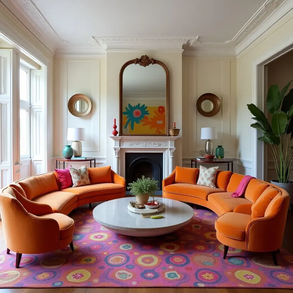 a photo of a vibrant living room with mirrored accents and colorful furniture