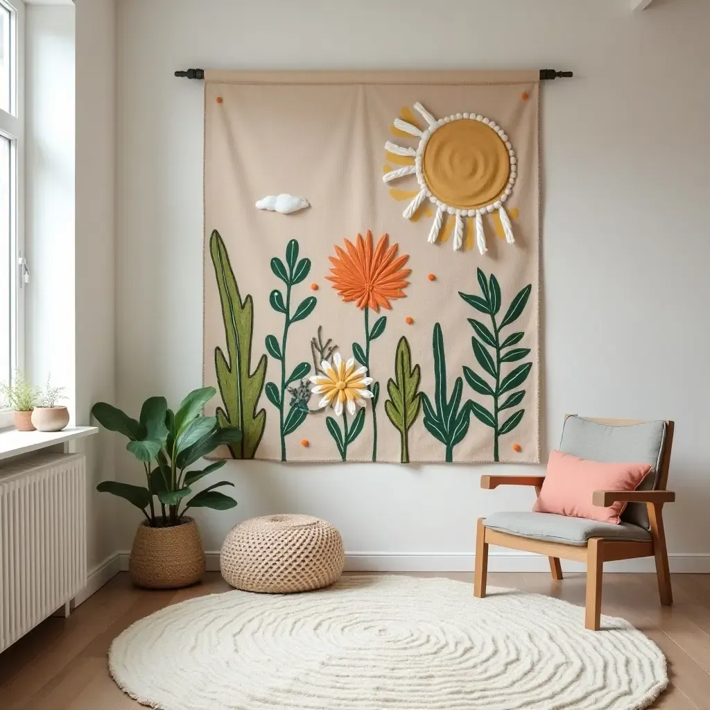 a photo of a child&#x27;s room featuring a colorful plant tapestry