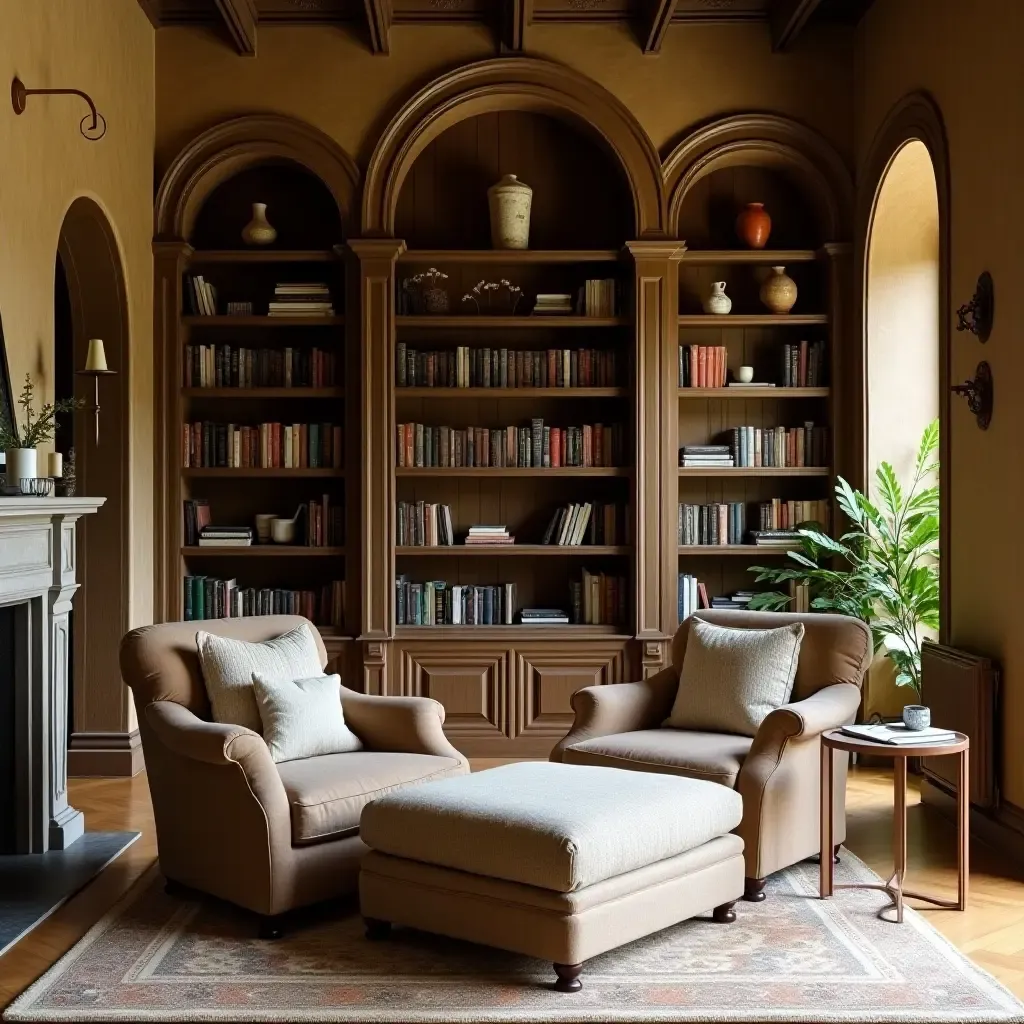 a photo of a Mediterranean-style library with a large, inviting armchair