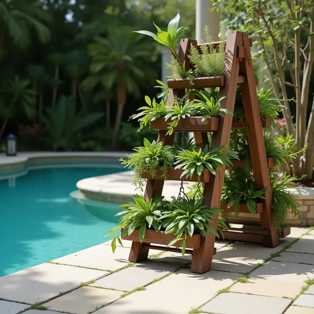 a photo of a creative plant ladder display next to the pool