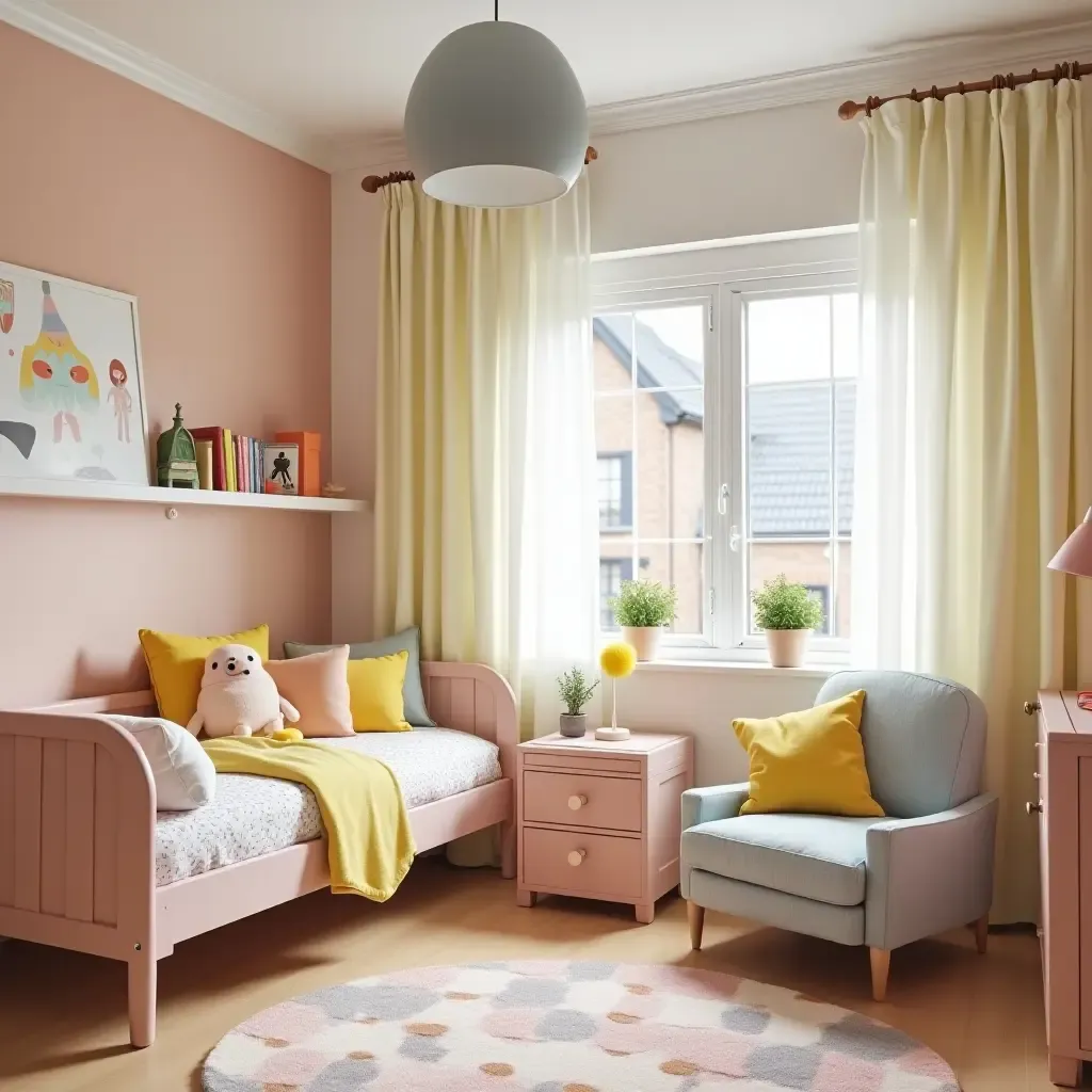 a photo of a small kids&#x27; bedroom featuring a fun color palette