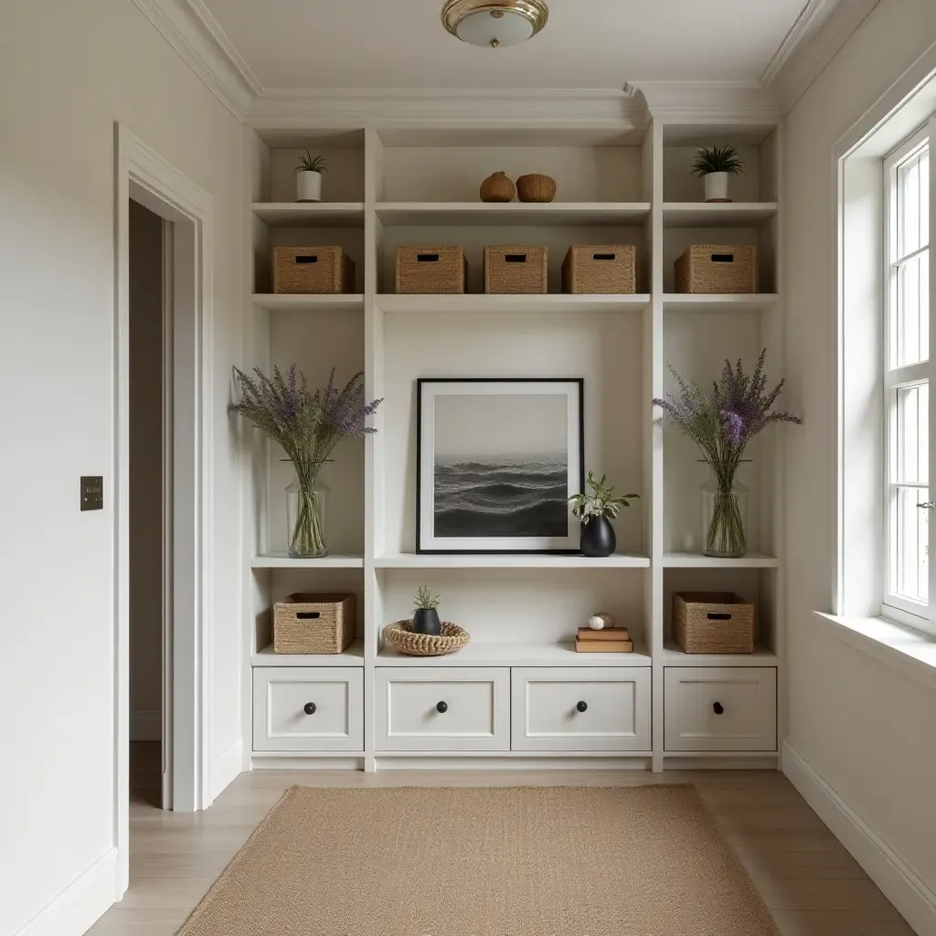 a photo of a stylish corridor shelving with decorative baskets and art