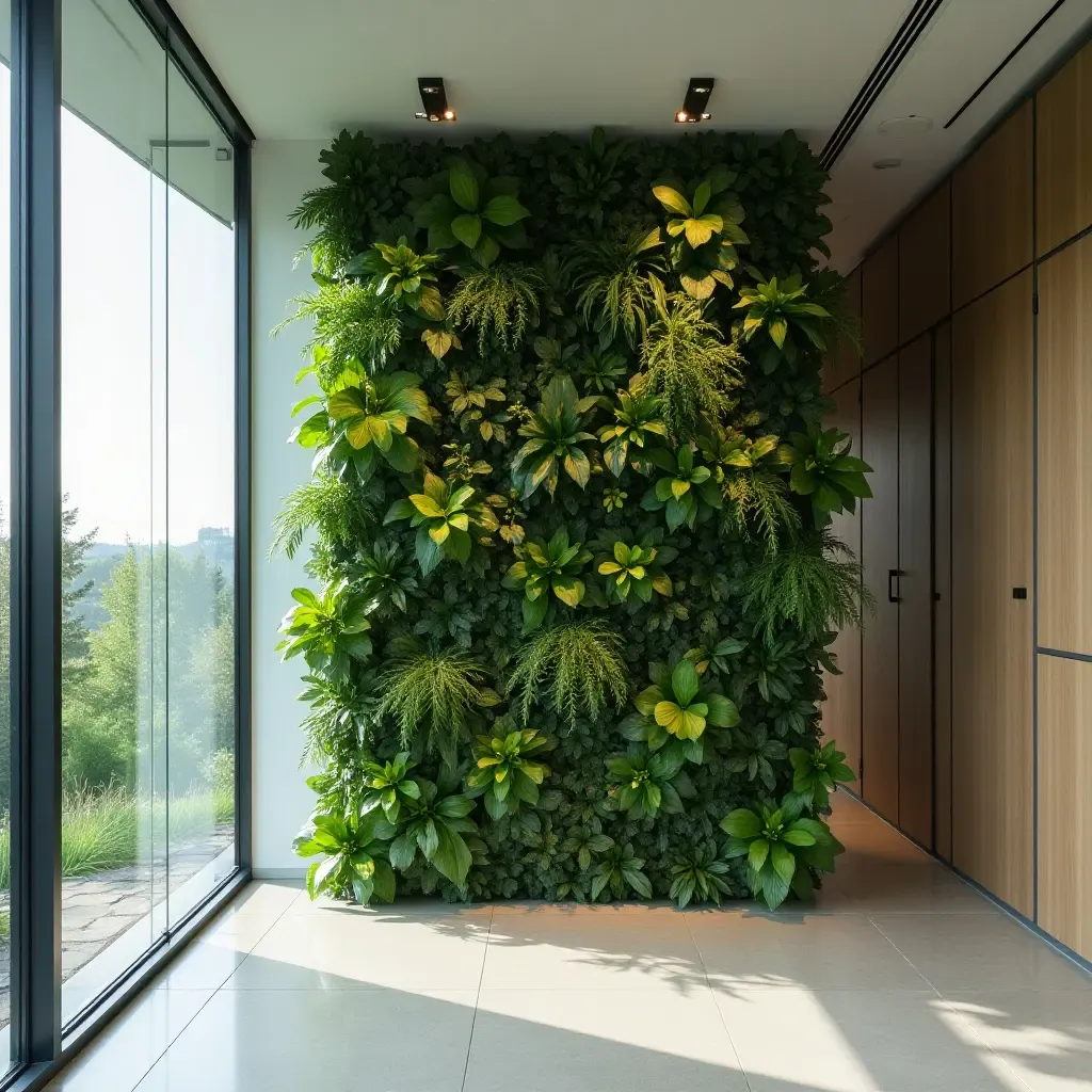 a photo of a sleek glass wall with integrated greenery