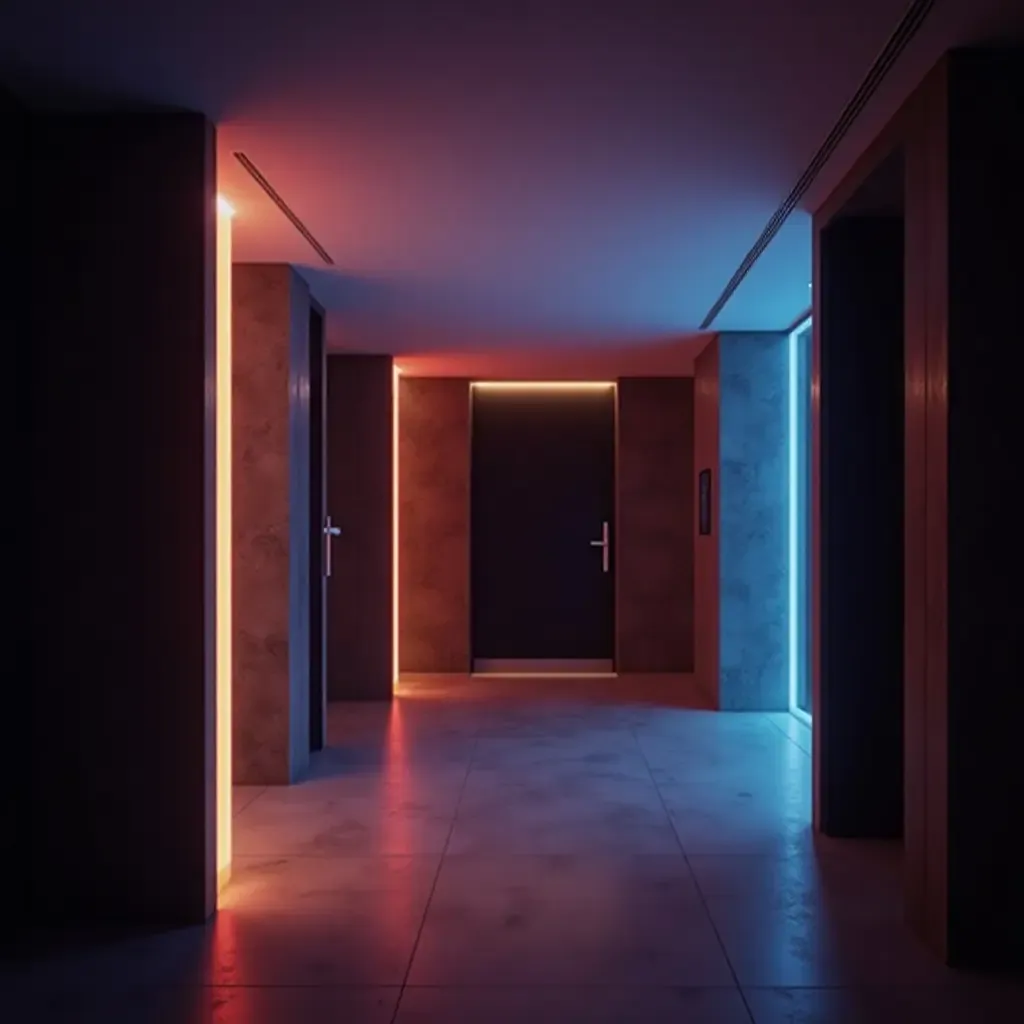 a photo of a smart lighting system changing colors in a modern foyer