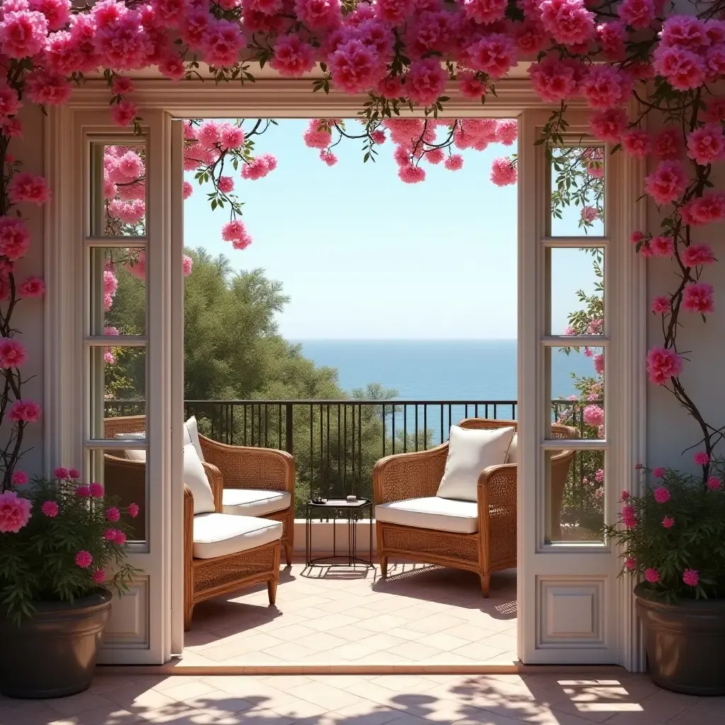 a photo of a balcony with a romantic seating area surrounded by bougainvillea