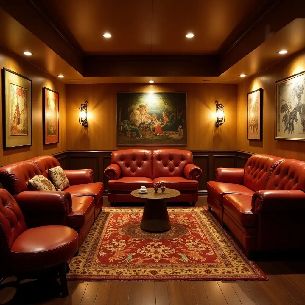 a photo of a basement with a vintage feel, featuring retro decor and seating