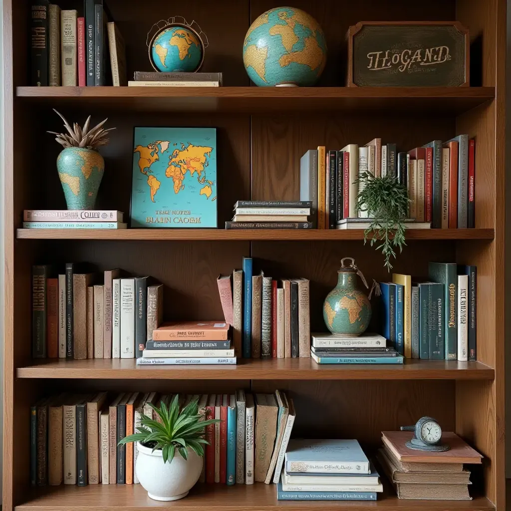 a photo of a library shelf decorated with travel souvenirs and world literature