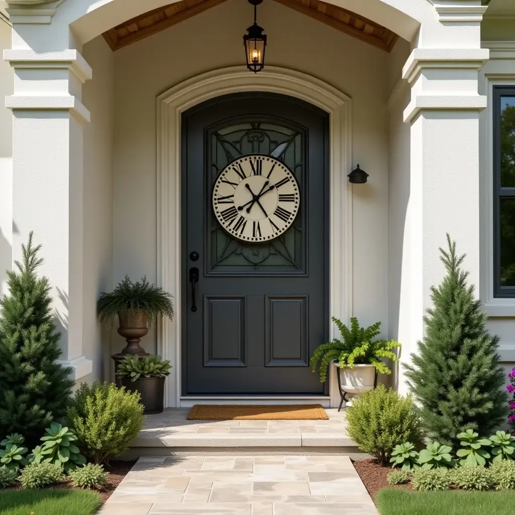 a photo of a charming entrance featuring a large farmhouse clock and greenery