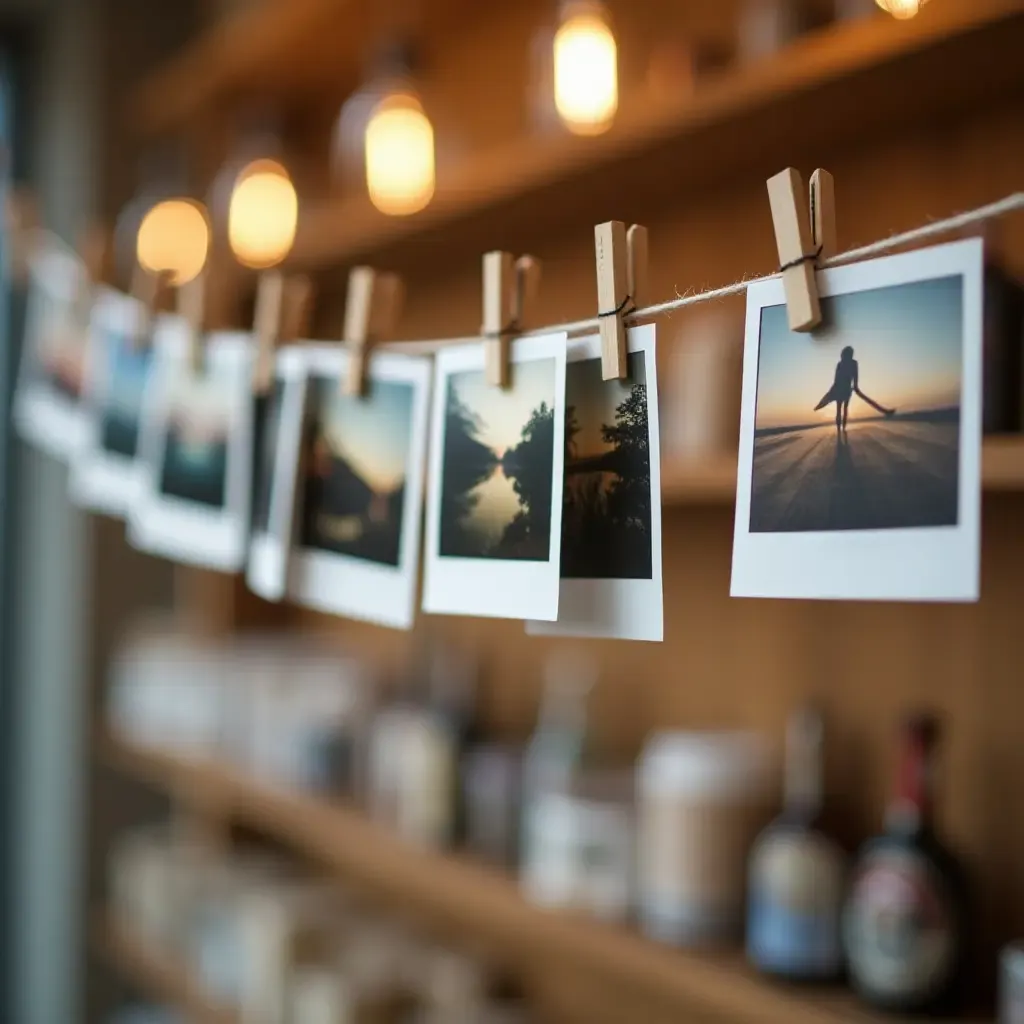 a photo of a rotating display of Polaroid memories on a string