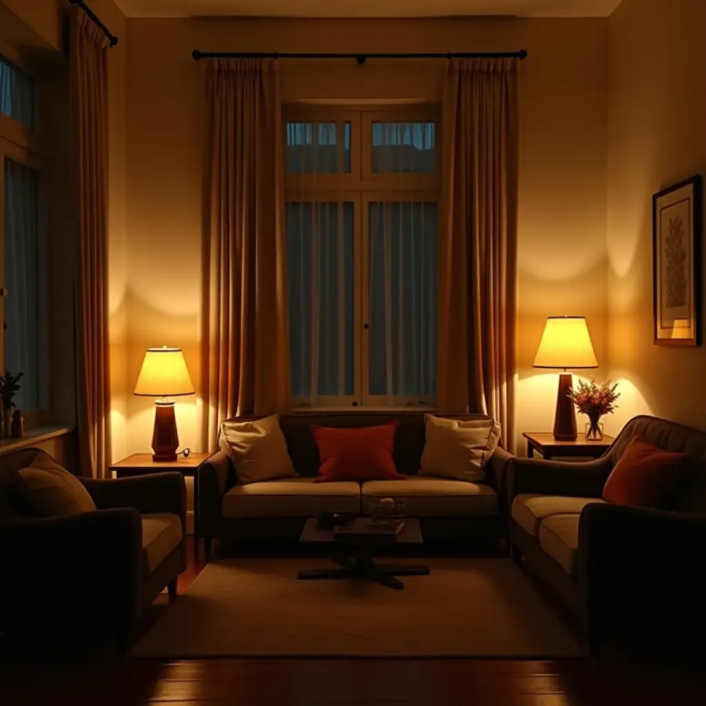 a photo of a small living room with a warm glow from lamps