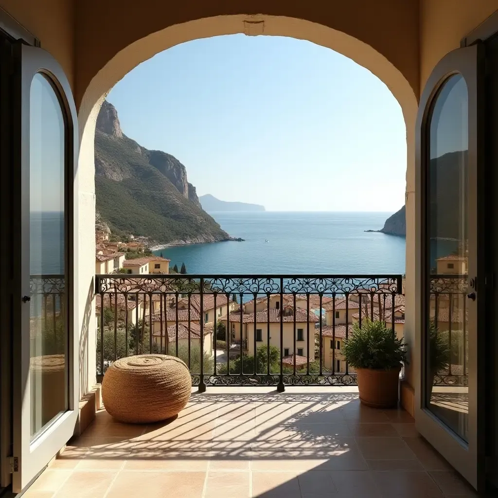 a photo of a balcony featuring a stunning view of a Mediterranean village