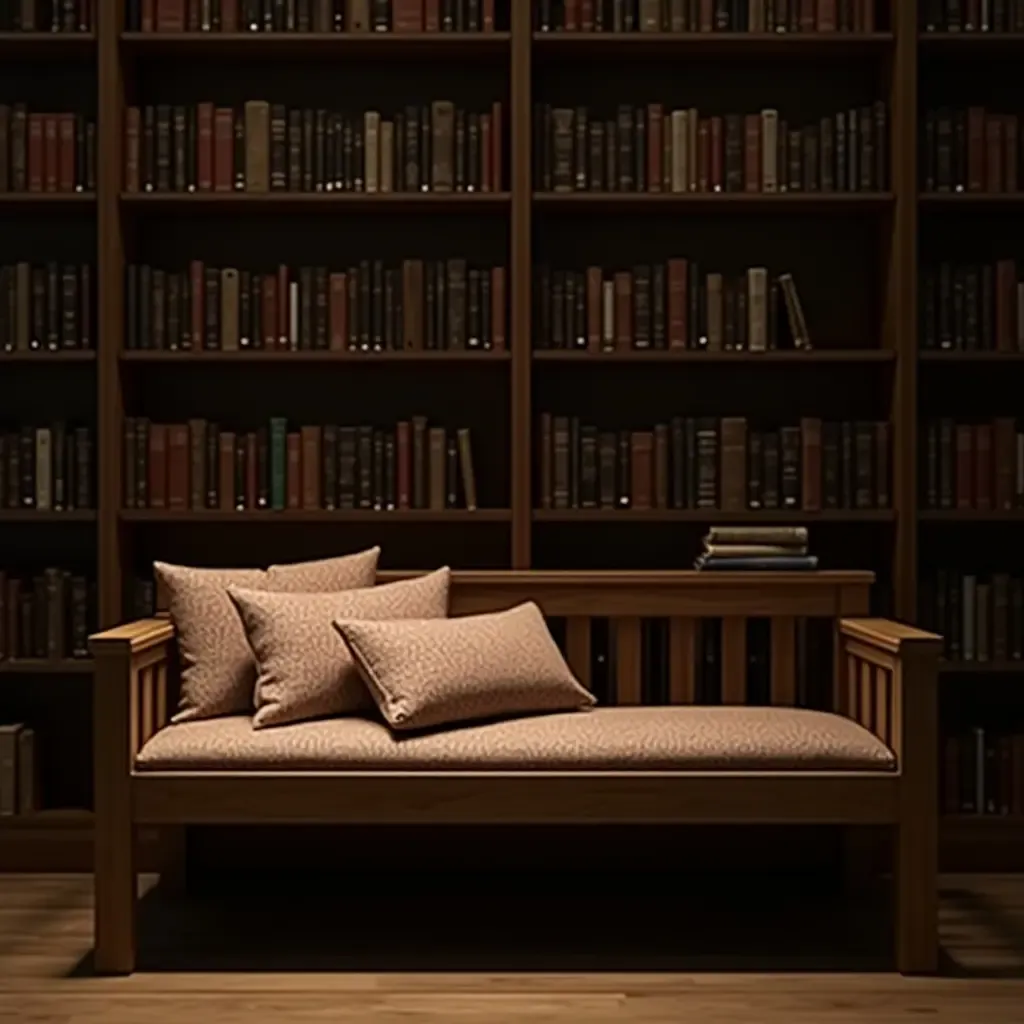 a photo of a library with a wooden reading bench and soft pillows