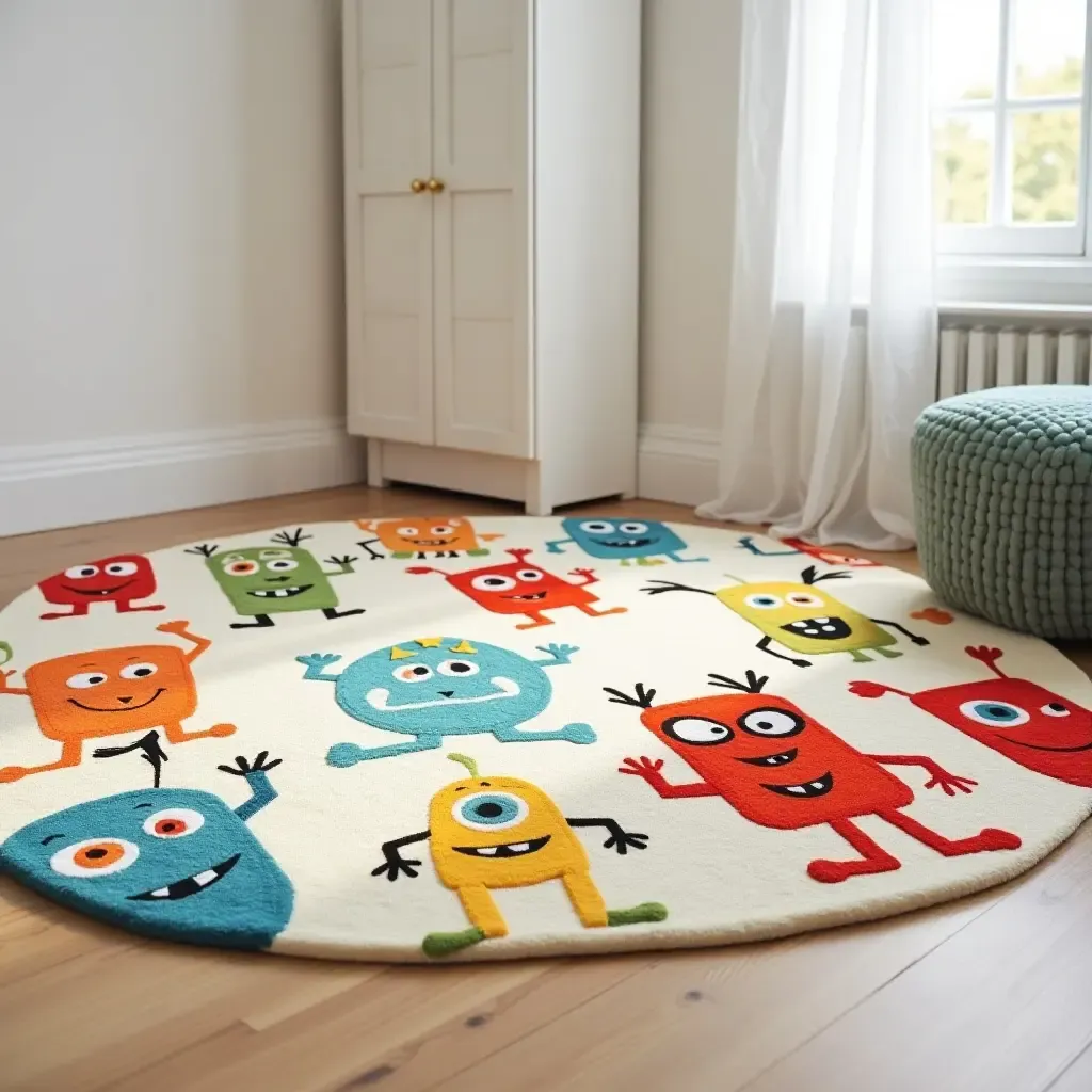 a photo of a rug adorned with cute cartoon monsters for a fun atmosphere