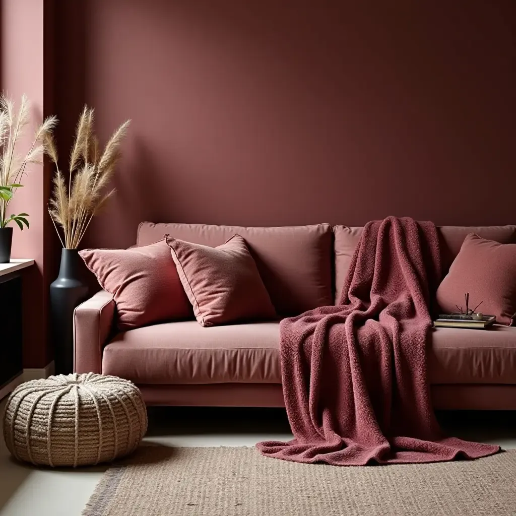 a photo of a maroon living room with layered textures and cozy knit blankets