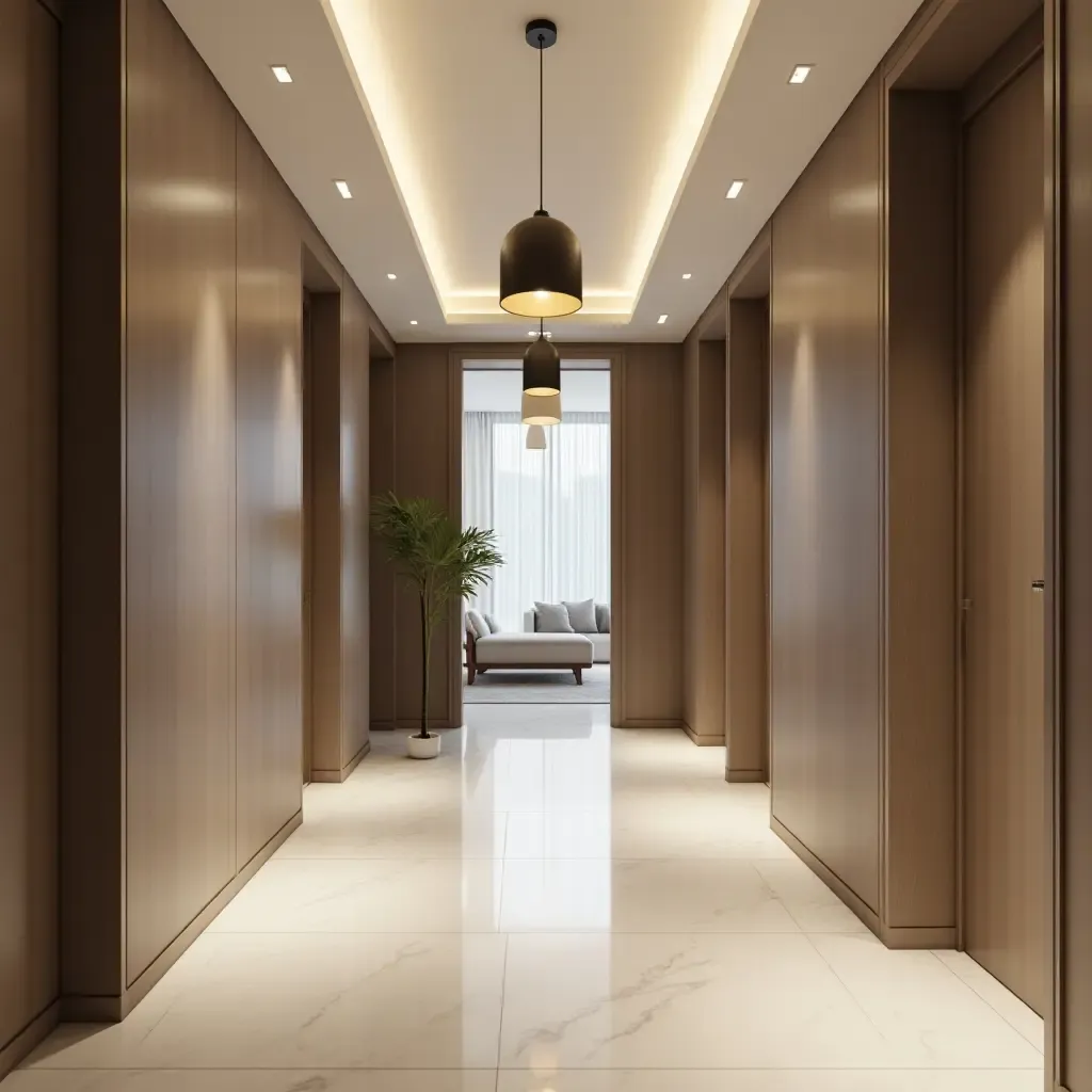 a photo of a modern entrance hall with sleek pendant lighting