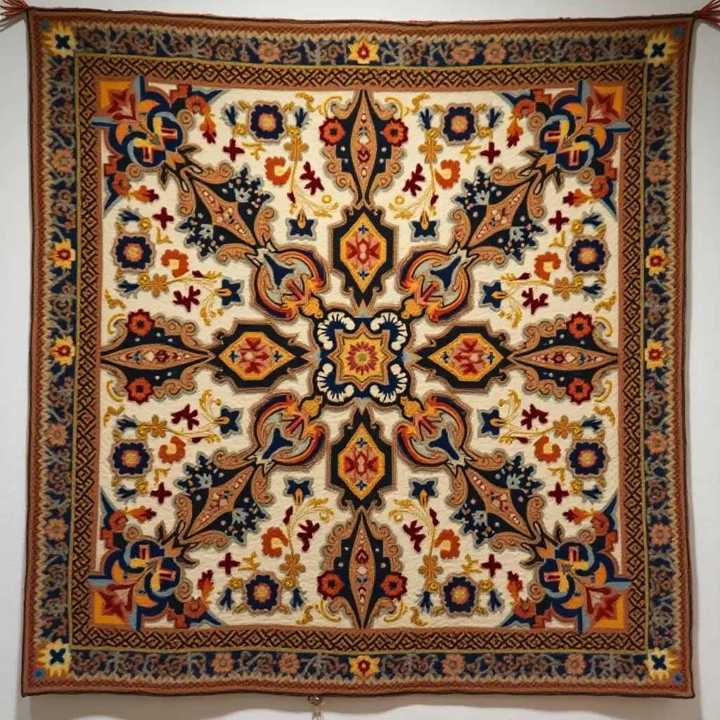 a photo of a tapestry featuring intricate designs on a wall