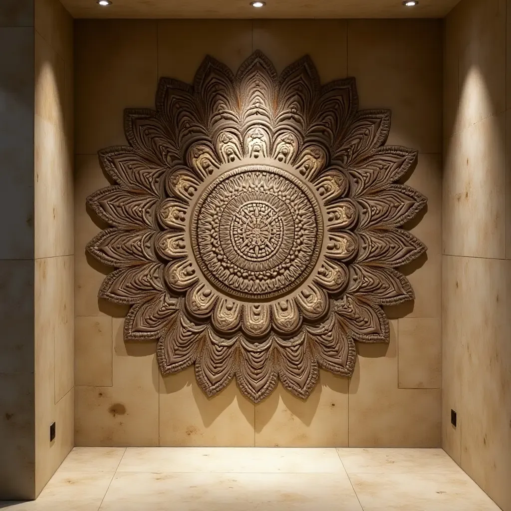 a photo of a basement wall featuring a large, intricate mandala design