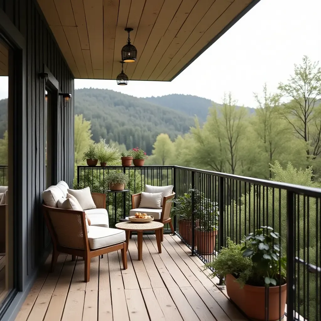 a photo of a balcony showcasing a cozy outdoor workspace