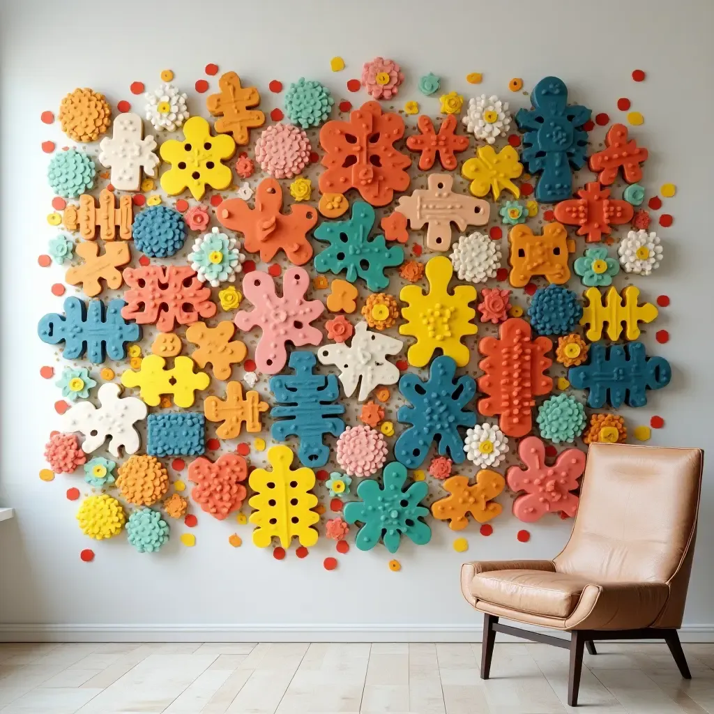 a photo of a playful wall art installation made from colorful tiles