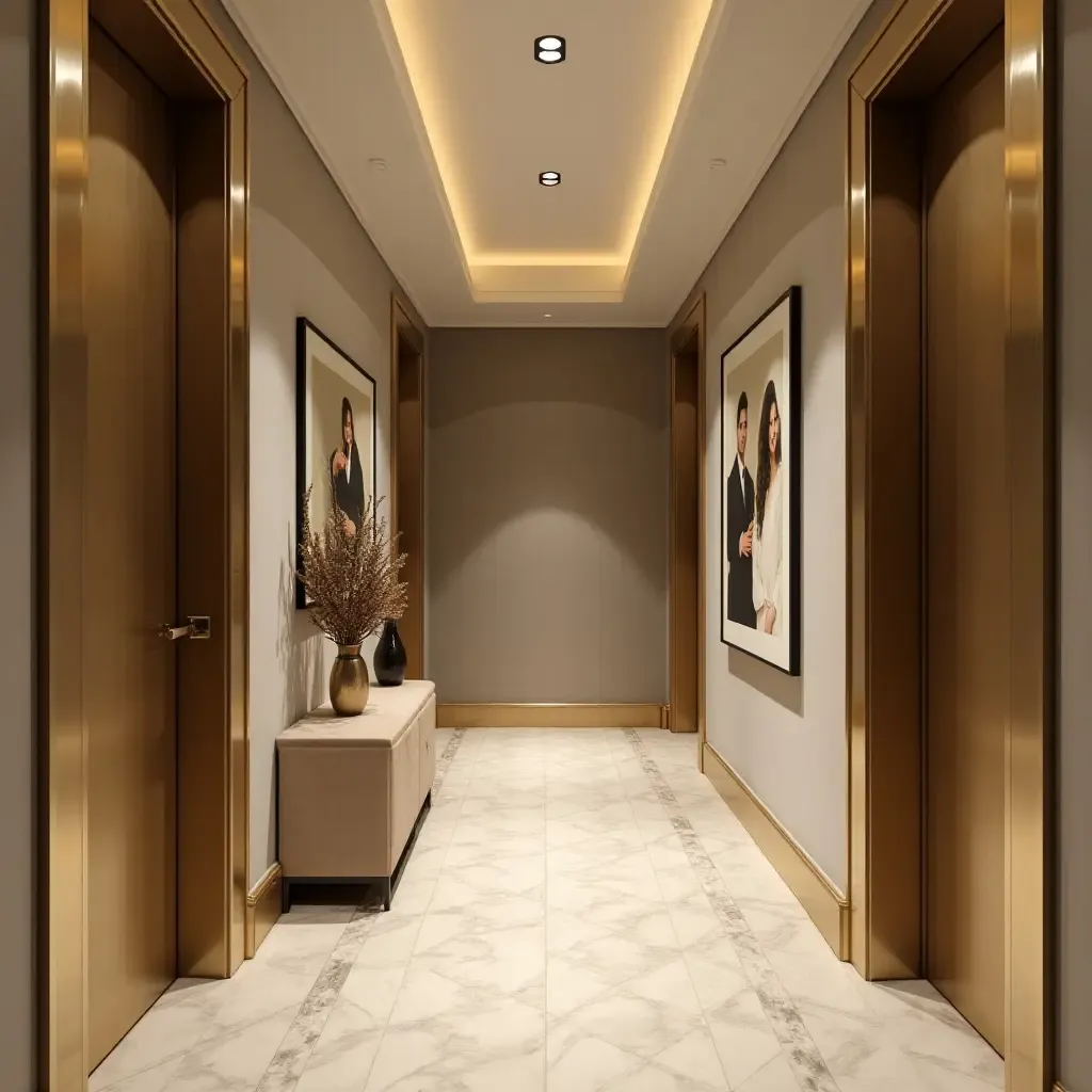 a photo of a corridor enhanced with metallic accents and tasteful artwork