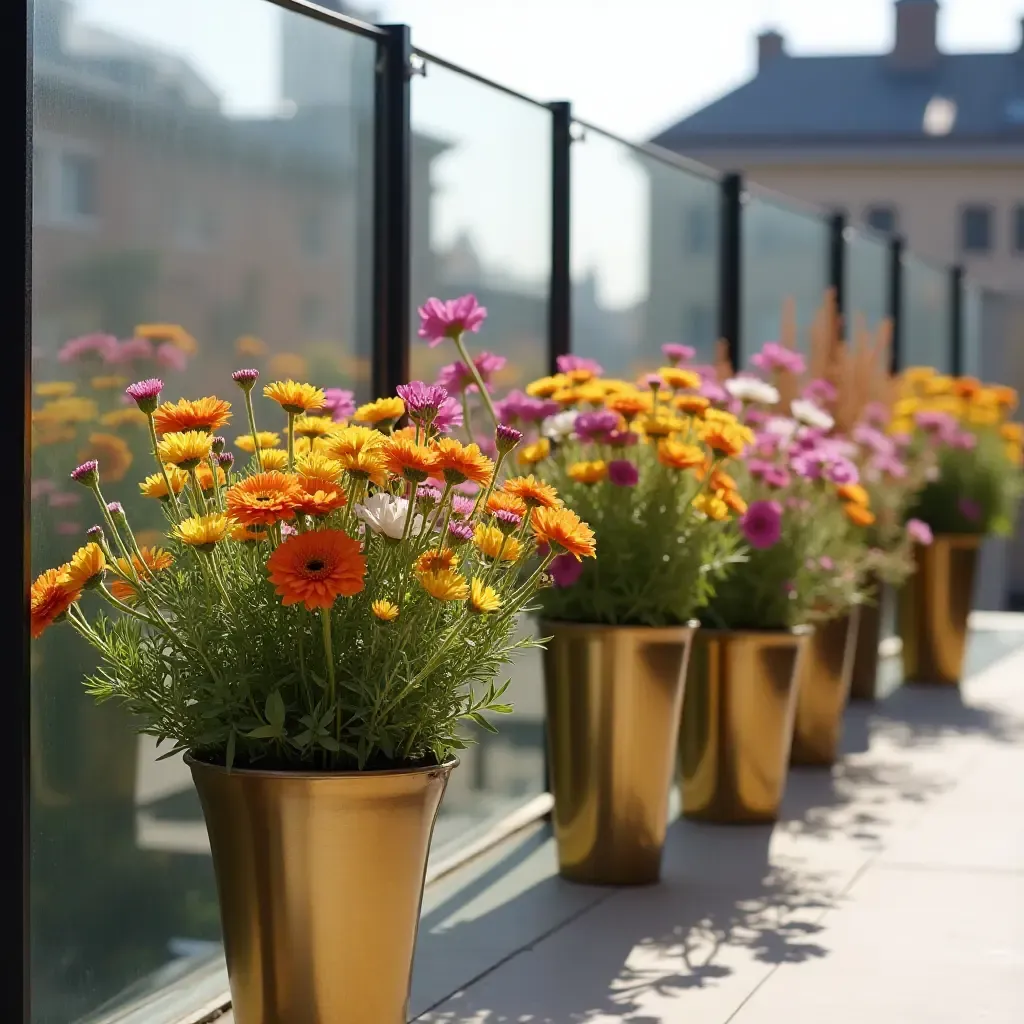 a photo of a balcony with metallic vases and colorful flowers