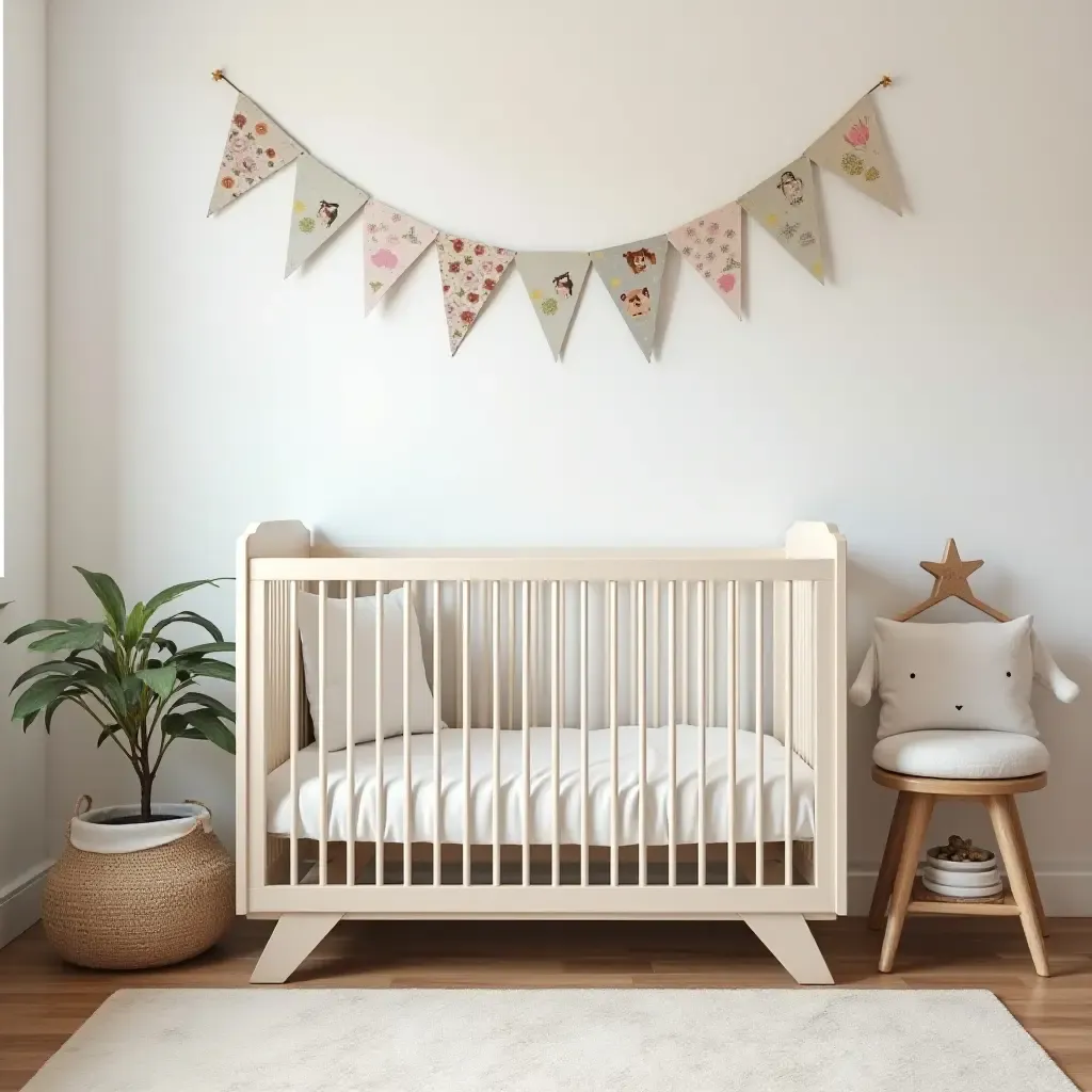 a photo of a whimsical nursery with a farmhouse theme and decorative bunting