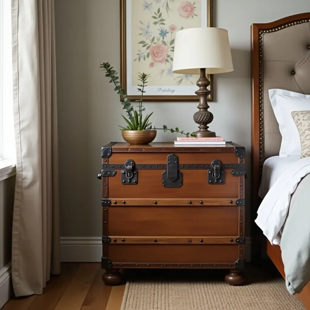 a photo of a vintage trunk used as a bedside table