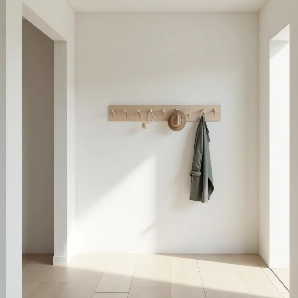 a photo of a bright and airy hall with a minimalist coat rack