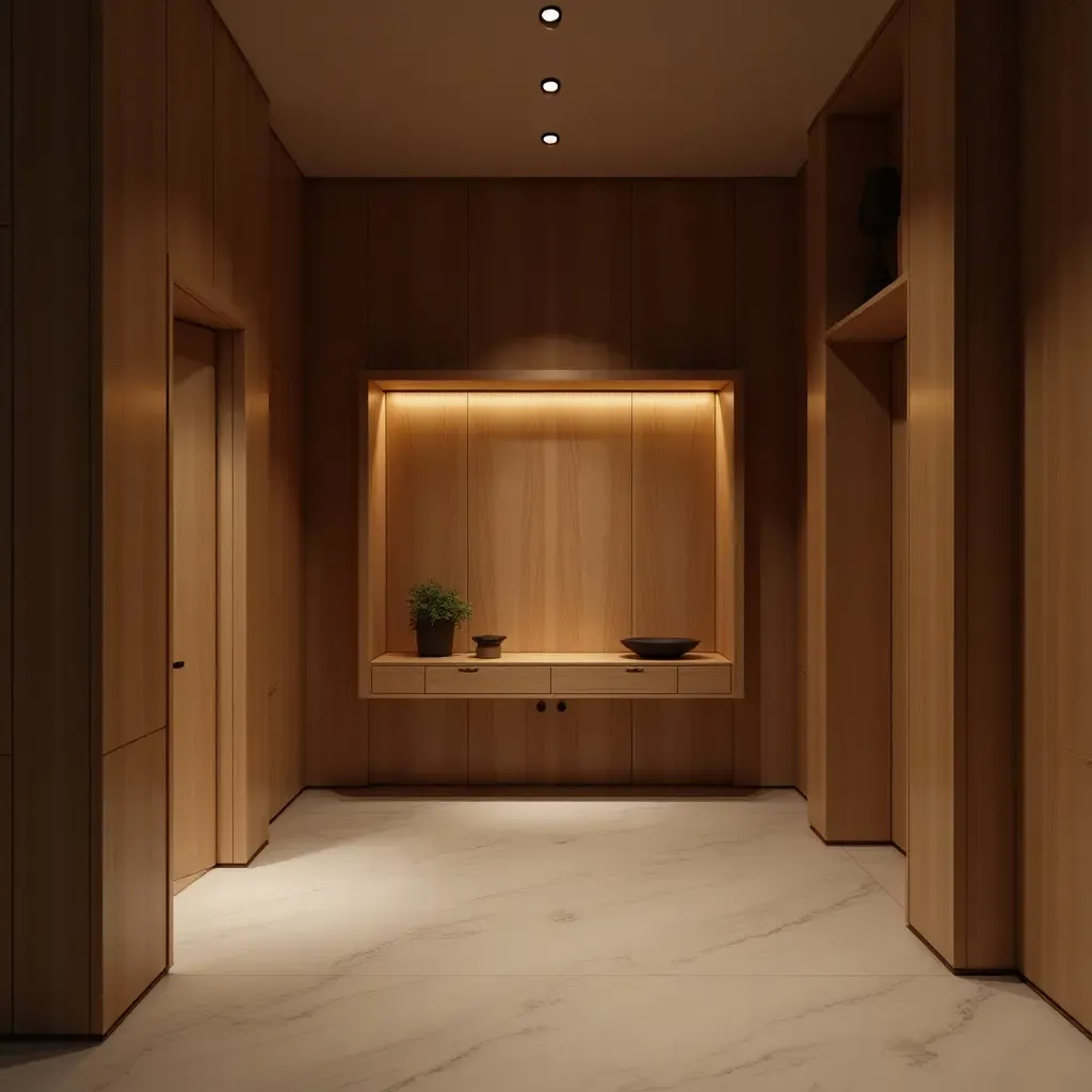 a photo of a corridor featuring a wooden display case