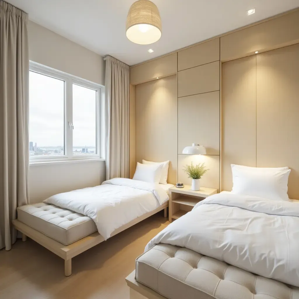 a photo of a bright shared bedroom with separated sleeping areas and shared storage solutions