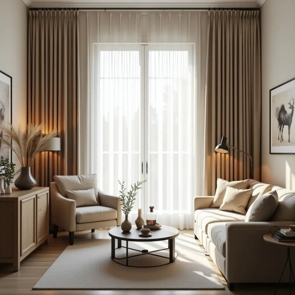 a photo of a small living room with elegant curtains and natural light streaming in