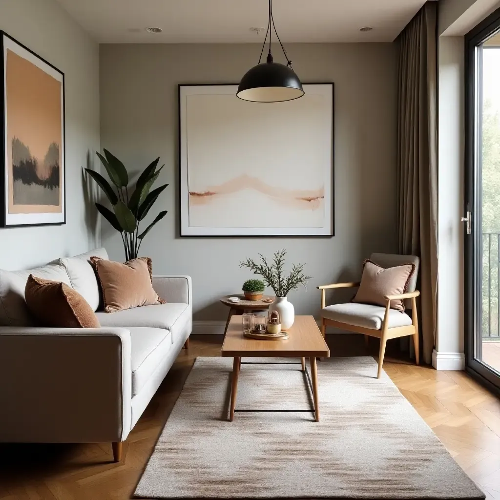 a photo of a small living room with a stylish area rug that defines the space