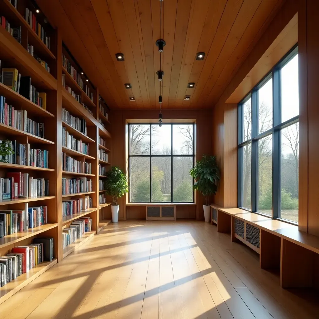 a photo of a library featuring a wooden ceiling and large windows