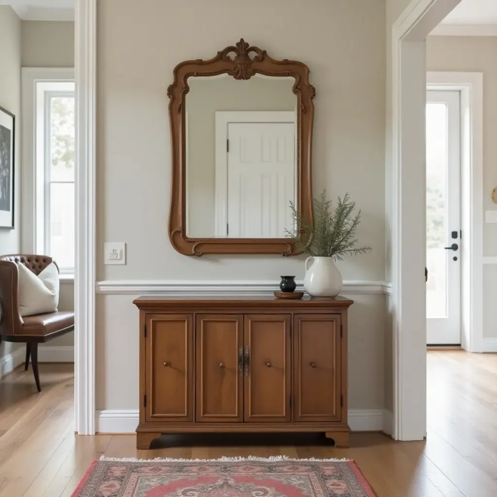 a photo of a vintage wooden console table with a mirror in an entrance hall