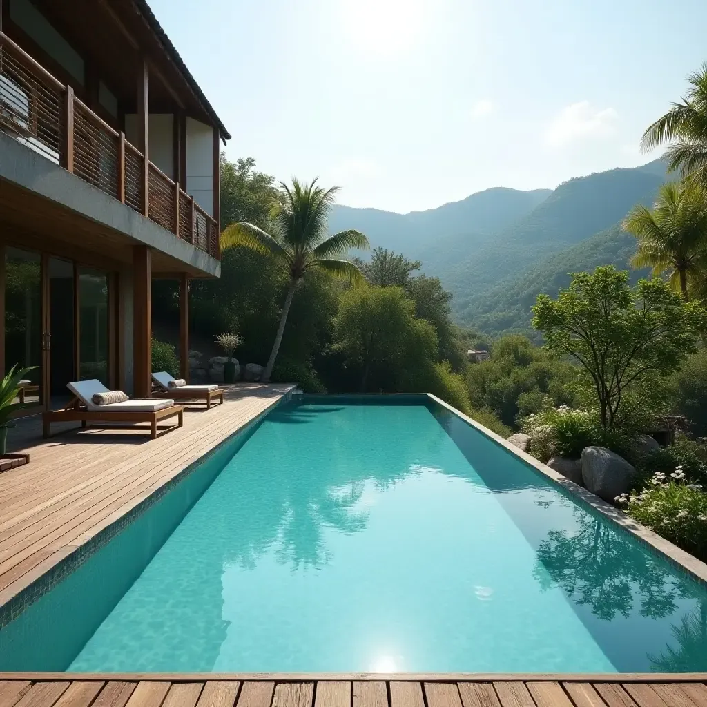 a photo of a wooden deck surrounding a serene swimming pool